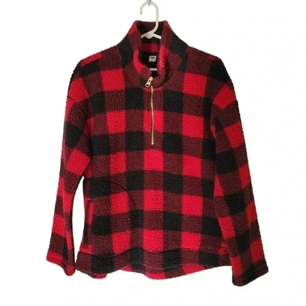 Old Navy Women's 1/4 Zip Pull Over Buffalo Plaid Sherpa Red & Black Size Large